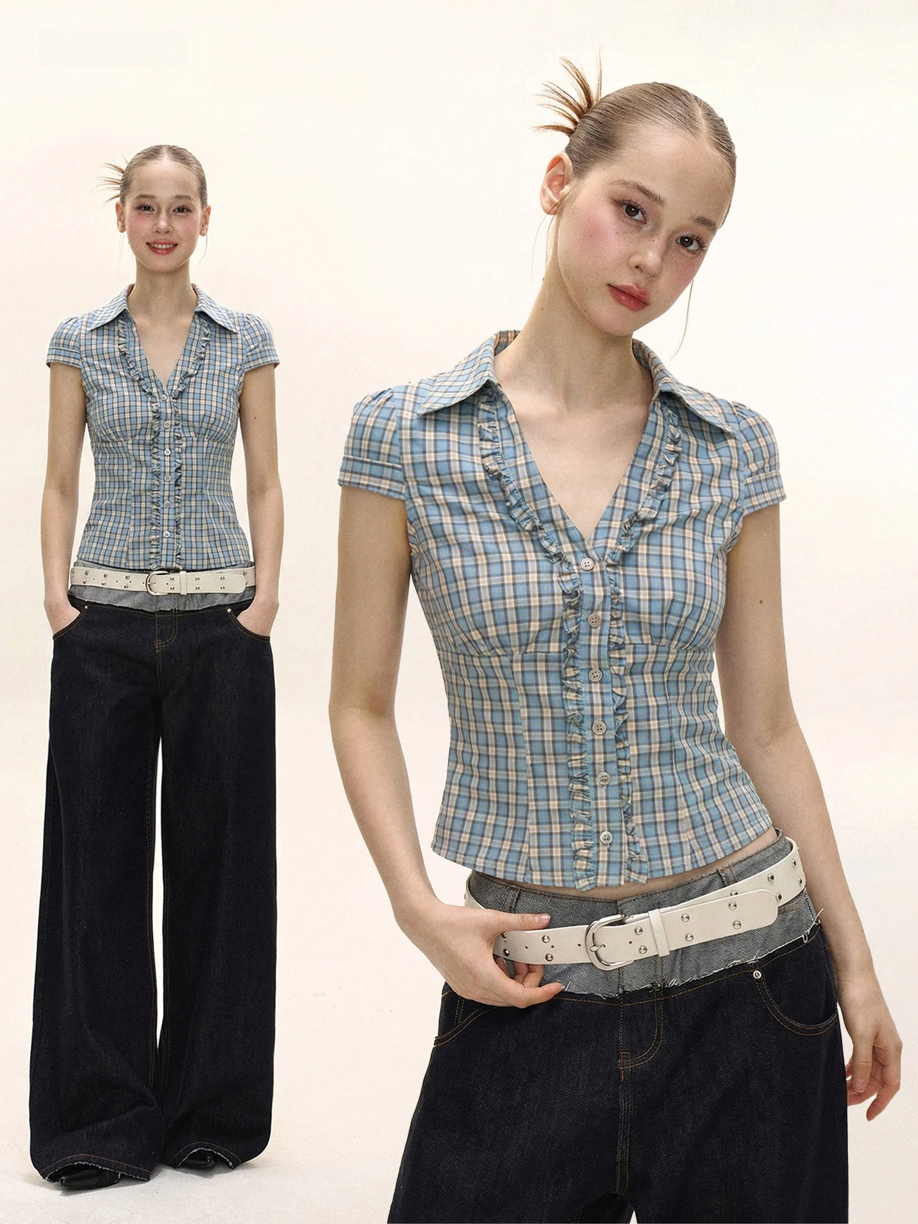 

American Style Short Sleeve Shirt Women Summer Spicy Girl Blue Plaid Waist Cinch V Neck Shoulder Width Regular Shirt