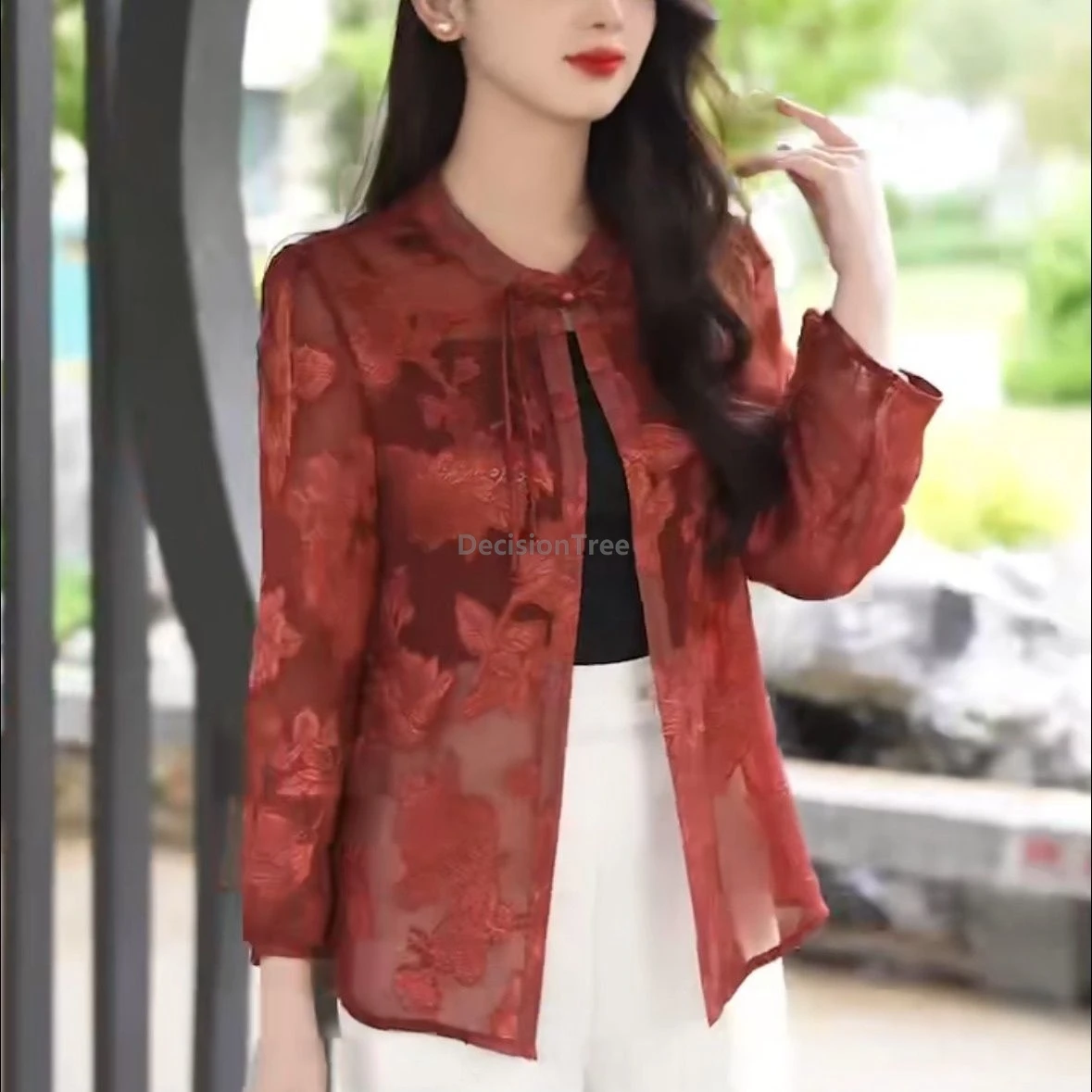 Summer Tang Suit Top New Chinese Style Women Sun-protection Shirt Loose Thin Long Sleeve Jacquard Chiffon Blouse Outerwear Top