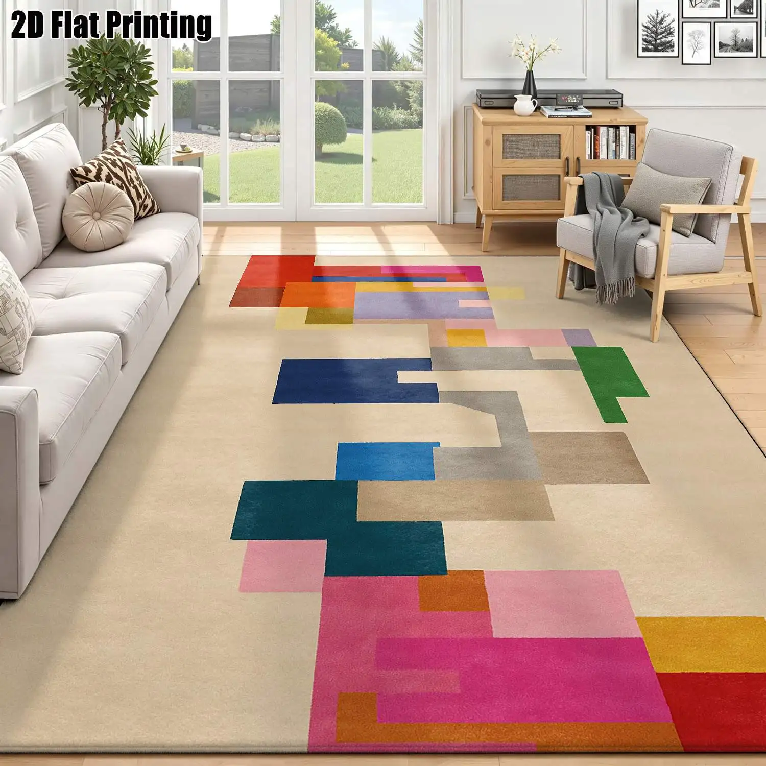 1Pc 2D Printed Colorful Geometric Block Pattern Carpets: Nordic/Instagram/Modern Minimalist/European/Vintage Style, Multi-Size, Machine Washable, for Entrance, Dining, Foyer, Living Room, Bedroom Home Decor