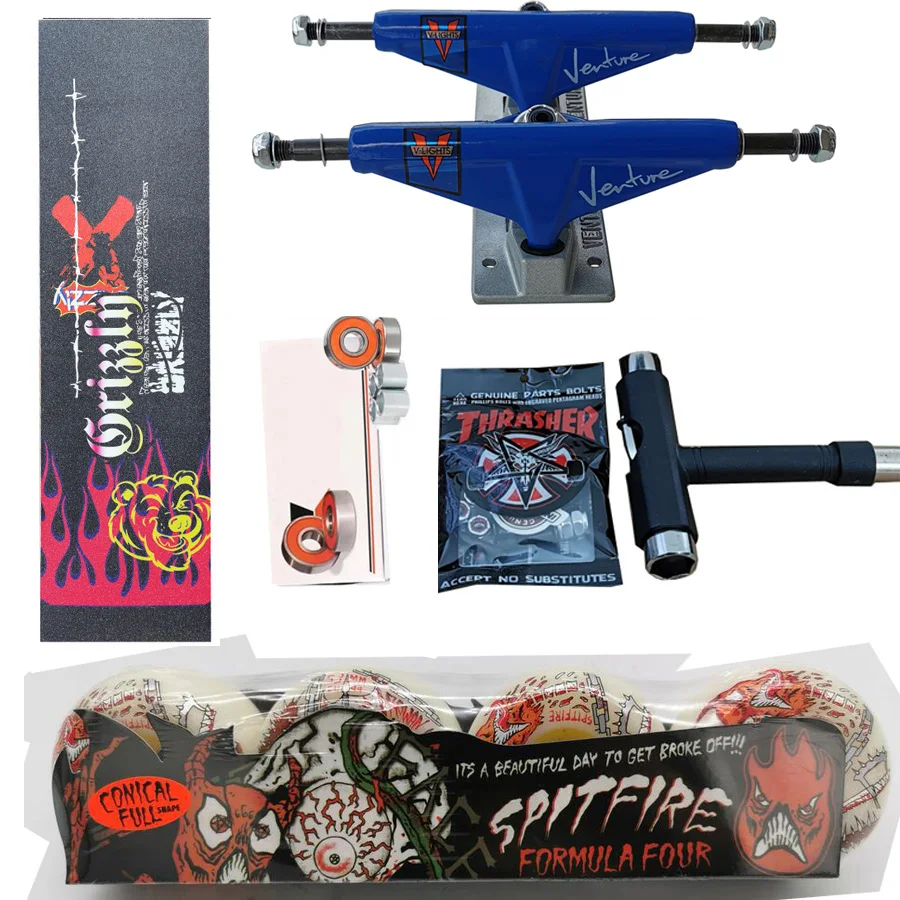 spitfire wheel forged 5.25inch VENTURE skateboard trucks good quality pro chrome steel bearings grip tape skateboards