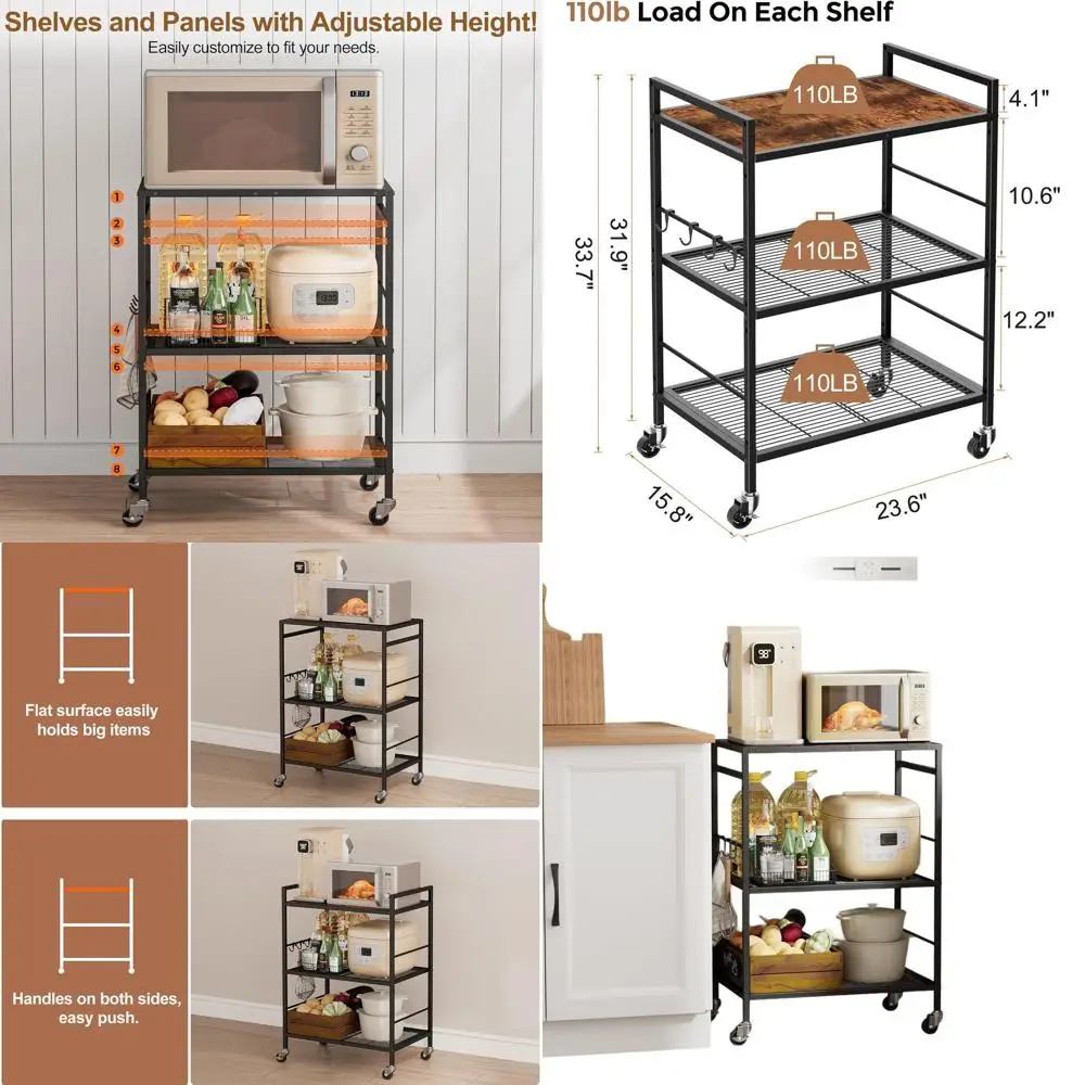 

Adjustable 3-Tier Metal Cart for Kitchen & Office, Rolling Utility Storage with Industrial Wheels, 15.7x23.6x33.7 Space-Saving R