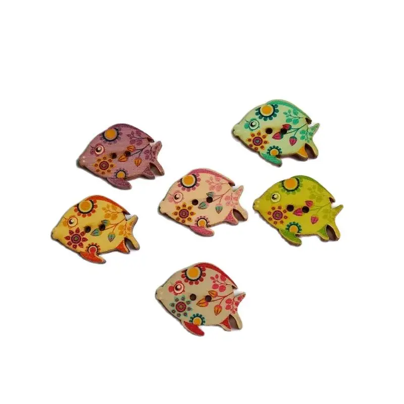 40pcs /lot Mixed fish painted Wooden decorative Buttons for Craft supplies Scrapbooking Sewing Supplies 24x30mm