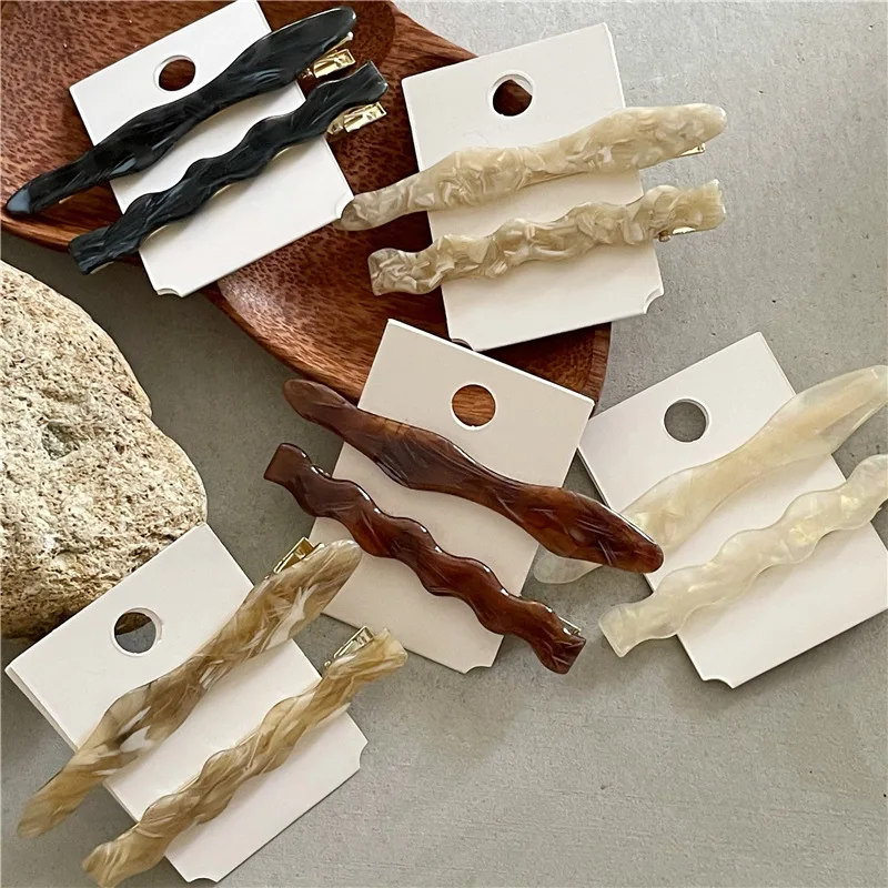 2Pcs Ins New Acetate Barrettes Sweet Long Wave Geometric Hair Clips Set Colorful Side Pins Women Girls Hair Accessories