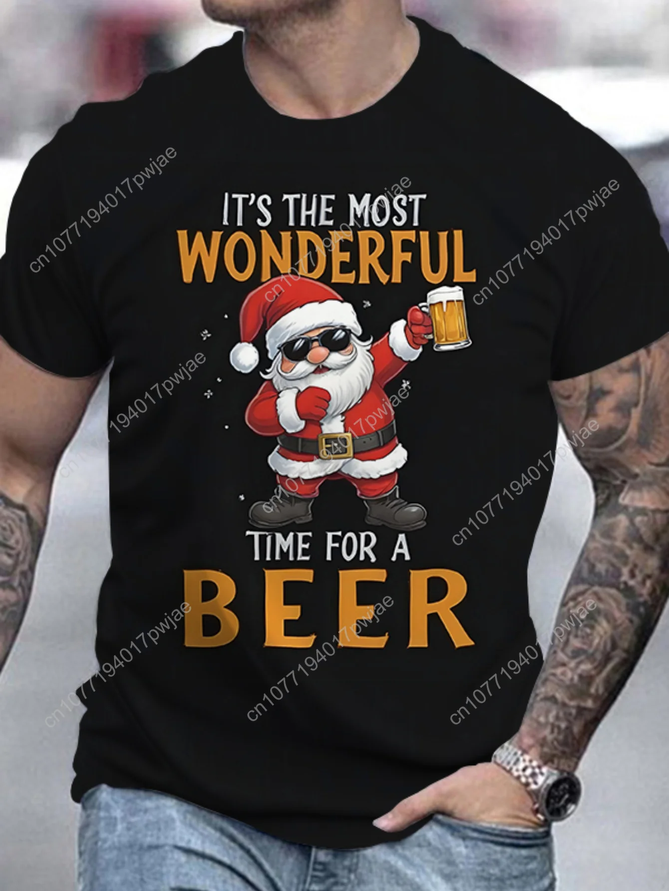 

Men's Santa Claus Enjoying Beer Graphic Tee - Casual Round Neck Short Sleeve T-Shirt, Breathable Polyester, Summer Wear, Christm