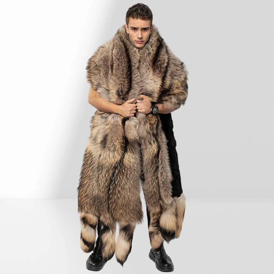 Luxury Unisex Double Face Raccoon & Black Rex Boa-Cape With Tails Real Rabbit Fur Shawl New Arrival Real Big Long Fur Shawl
