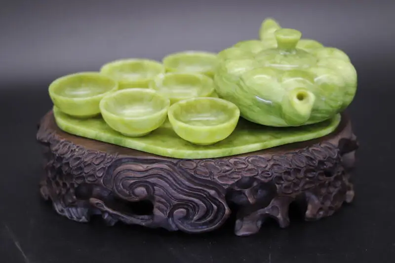 Traditional Chinese Natural nanyu Jade Green Pumpkin Tea Set Teapot Teacup Jade Carving Exquisite Ornament handicraft