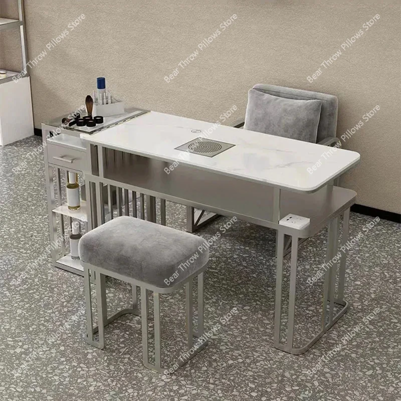 Light Luxury Silver Nail Tables Professional Salon Furniture for Beauty Salon Manicure Table and Chair Set with Vacuum Cleaner