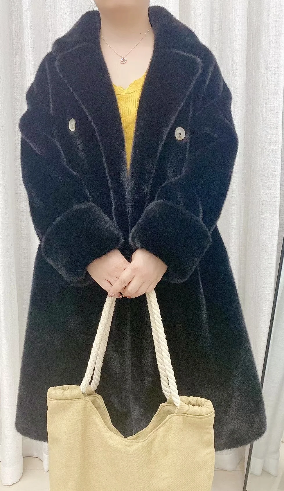 Faux fur coat midi coat with lapels double-breasted loose warm mid coat coat Fall-Winter 2024 New