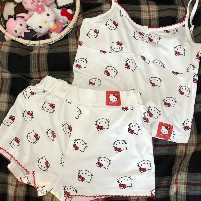 

Sanrio Hello Kitty Summer Cartoon Print Tank Top Shorts Set Pure Desire Suspender Women's Sleepwear Harajuku Japanese Style Set