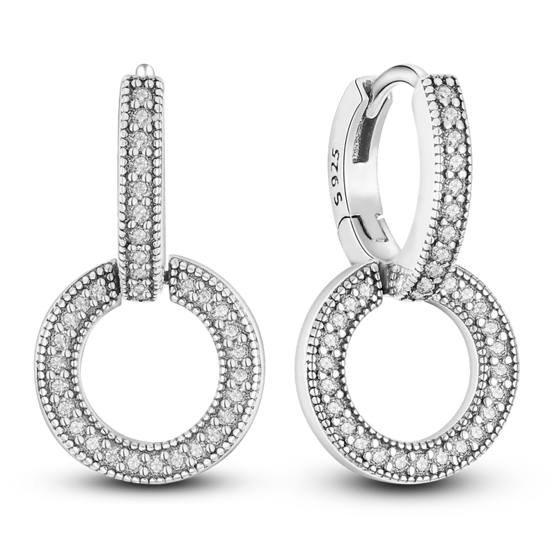 925 Silver Ear Jewelry Hollow Circle Shiny Zircon Inlaid Dangle Earrings Elegant Style Daily Casual Chain Wedding Ladies' Gifts