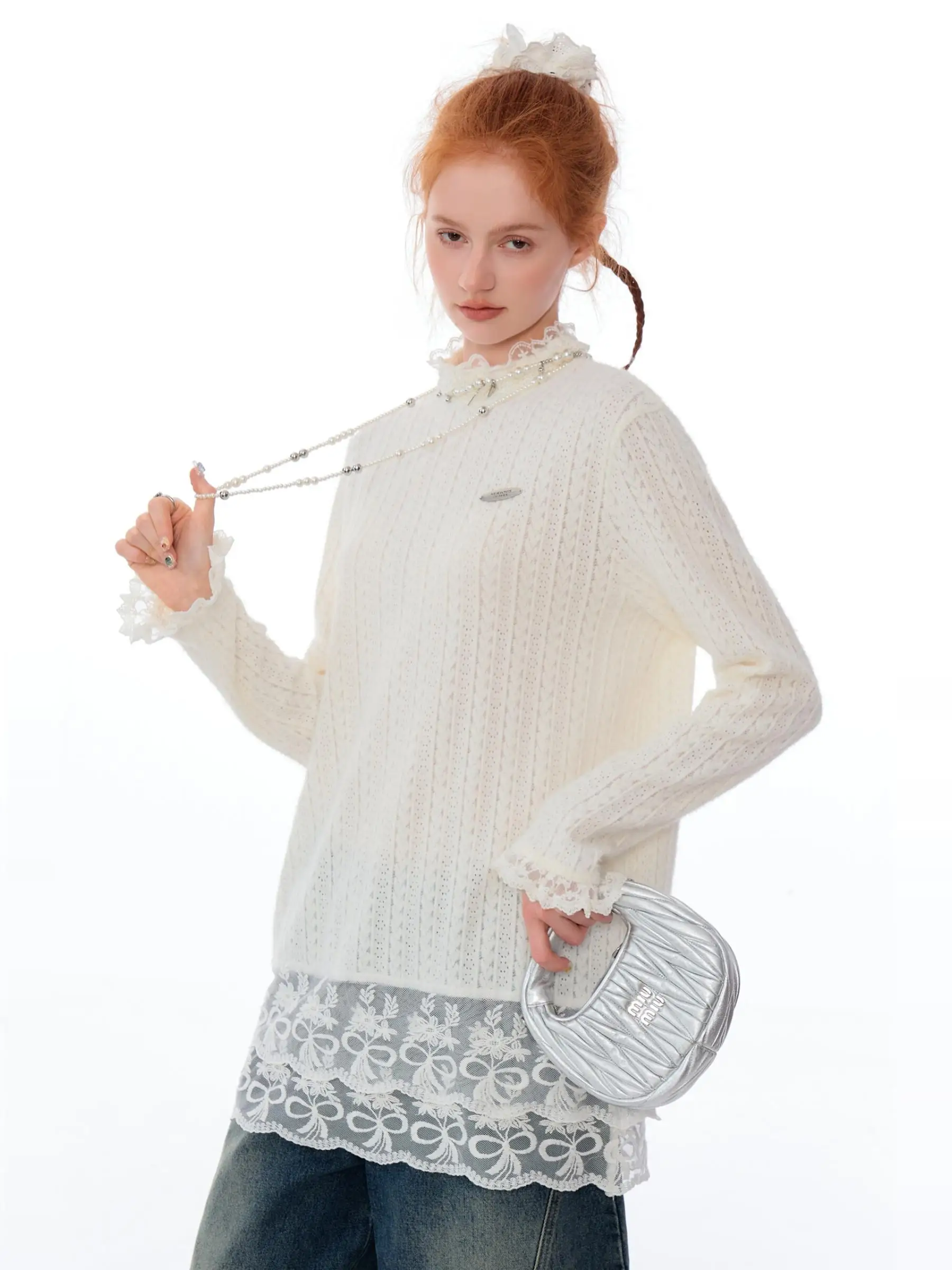 

ZiziFei Women's Knitted Lace Trim High Ne T-irt Casual Sle Loose Fit Long Sve round Ne Top for Autumn Winter