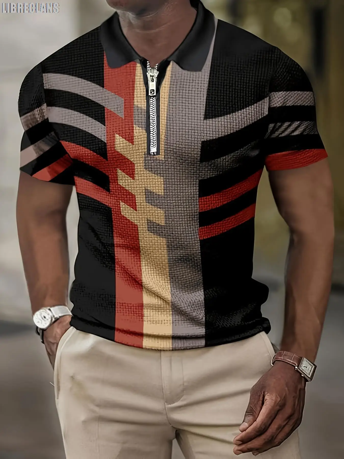 2023 New Men's Short-Sleeved POLO Shirt Summer Retro Striped 3D Printed Top Zipper Lapel Slim POLO Men's Casual Clothing