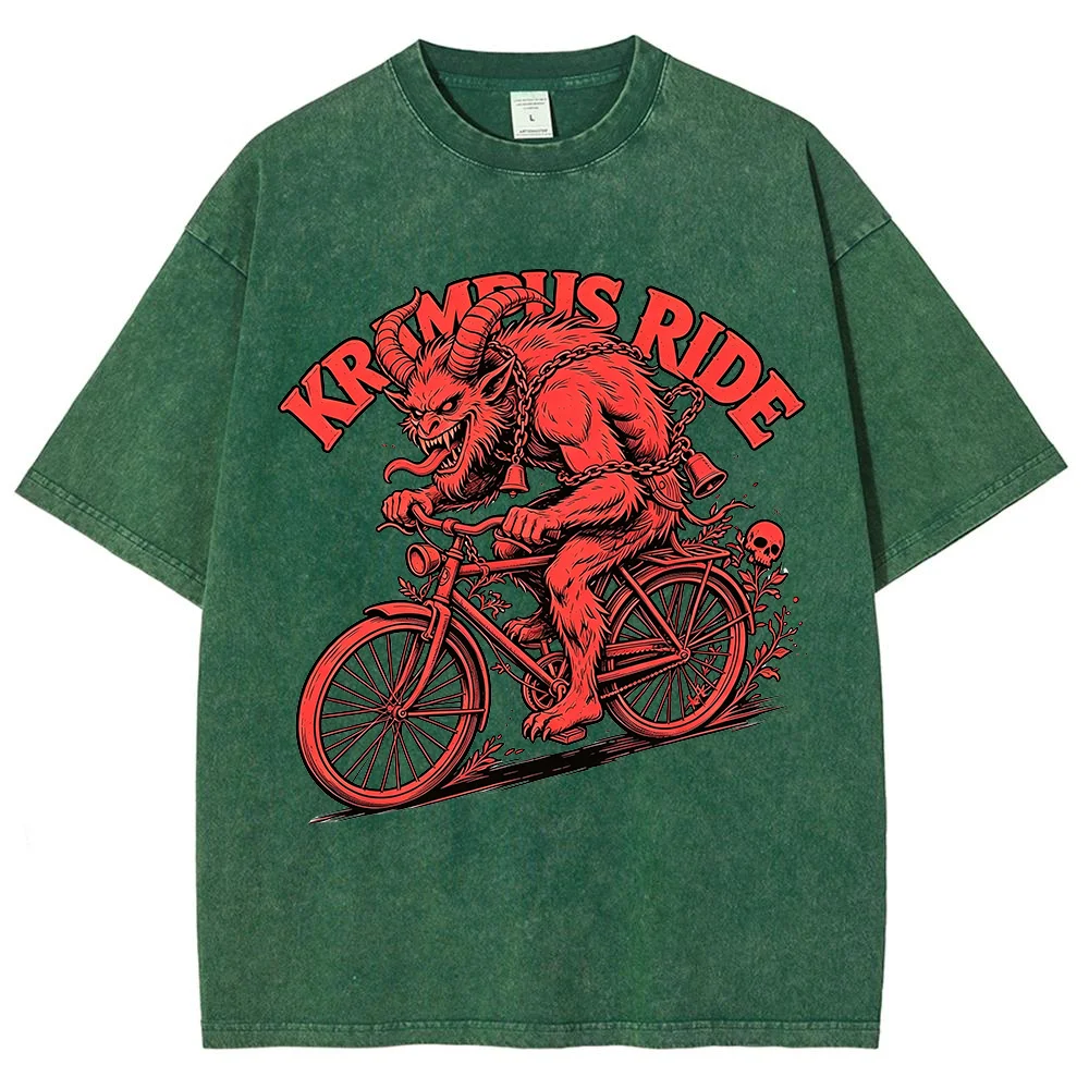 Men  Vintage Washed T Shirt KRAMPUS RIDE Graphic Oversized Short Sleeve Cotton Summer Casual Loose Harajuku Streetwear Top