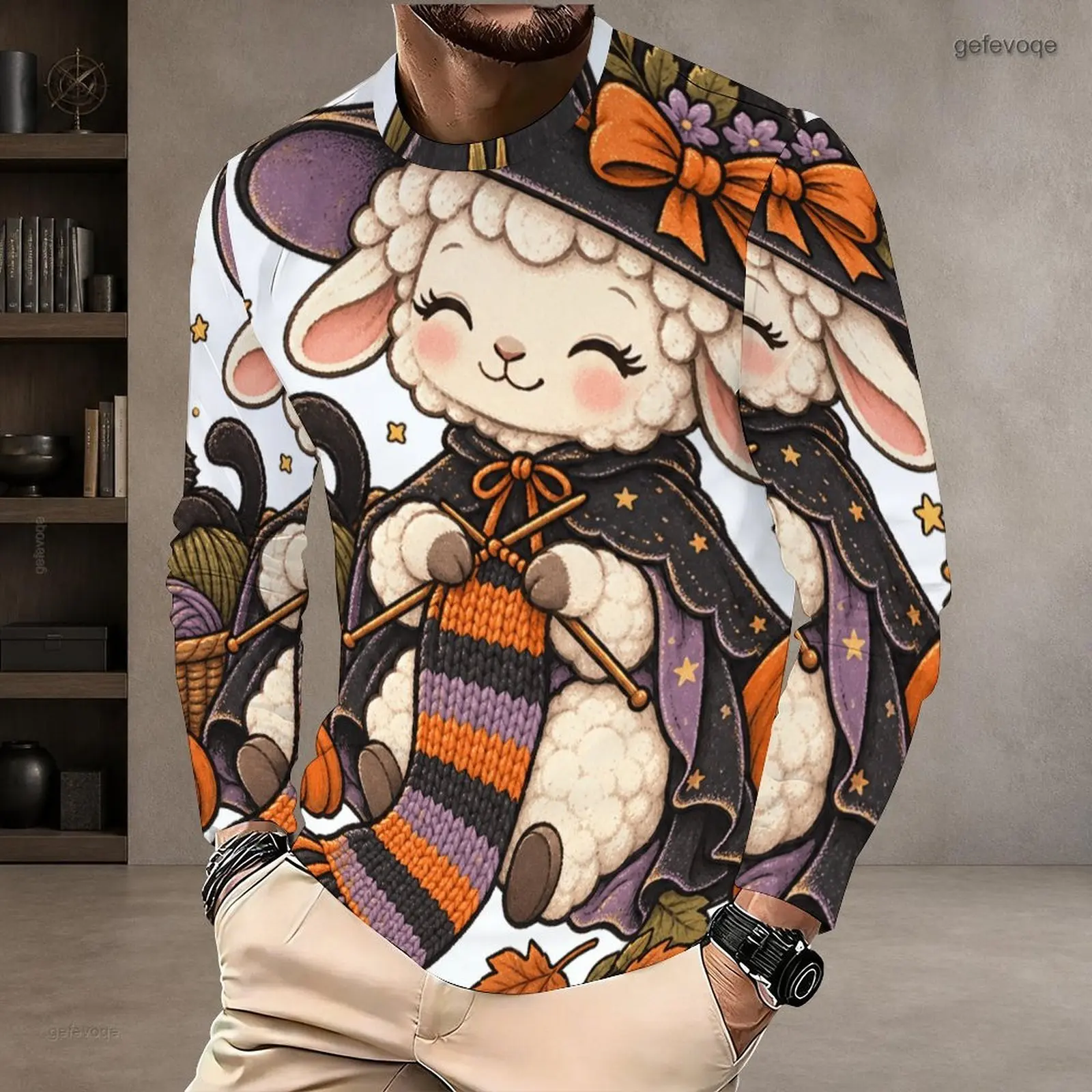 Men Printed T Shirt Round Neck Long Sleeve Pullover Straight Hem