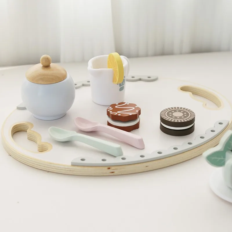 Ensemble de thé de l'après-midi en bois pour enfants, jouet de simulation, jeu de rôle d'apprentissage des aliments, jouets éducatifs précoces pour filles et garçons, cadeaux pour enfants