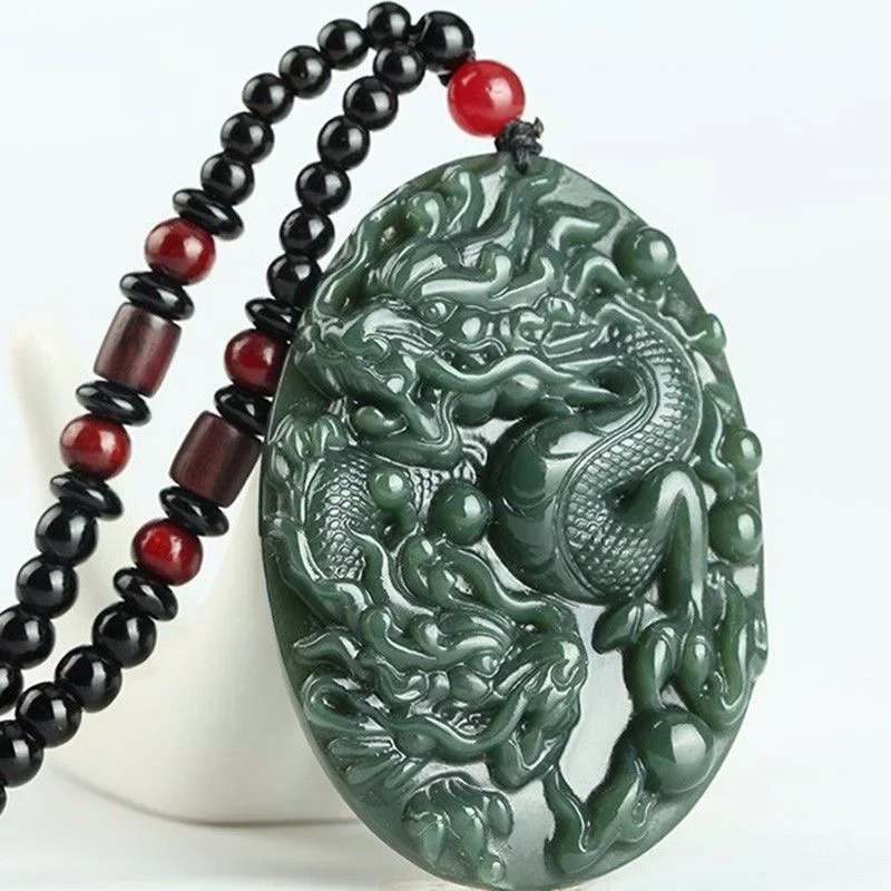 Natural Hetian Jade Dragon Pendant Necklace Jadeite Jewelry for Men Gifts Buddhist Lucky Carved Fashion Charm Women Amulet