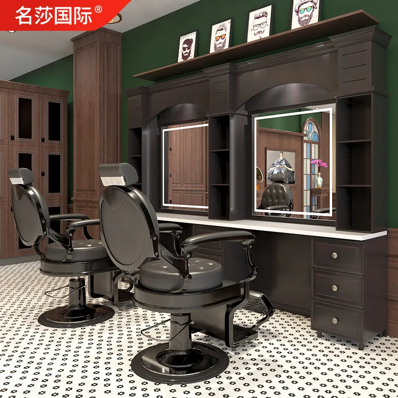 Modern Minimalist Barber Salon Vanity Table Wooden Haircut Mirror Customizable For Barbershop And Hair Salon