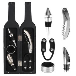 5 Pieces Bottle-Shaped Case With Drip Ring, Foil Cutter, Wine Pourer and Stopper Wine Opener Accessories Set Stainless Steel