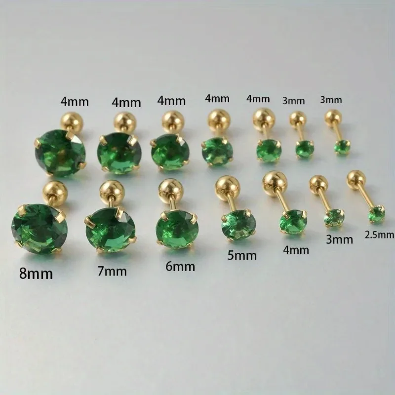 2pc Stainless Steel Zircon Earrings Green Zircon Earrings Gold Plated Outer Tooth Ball Piercing Piercing Jewelry