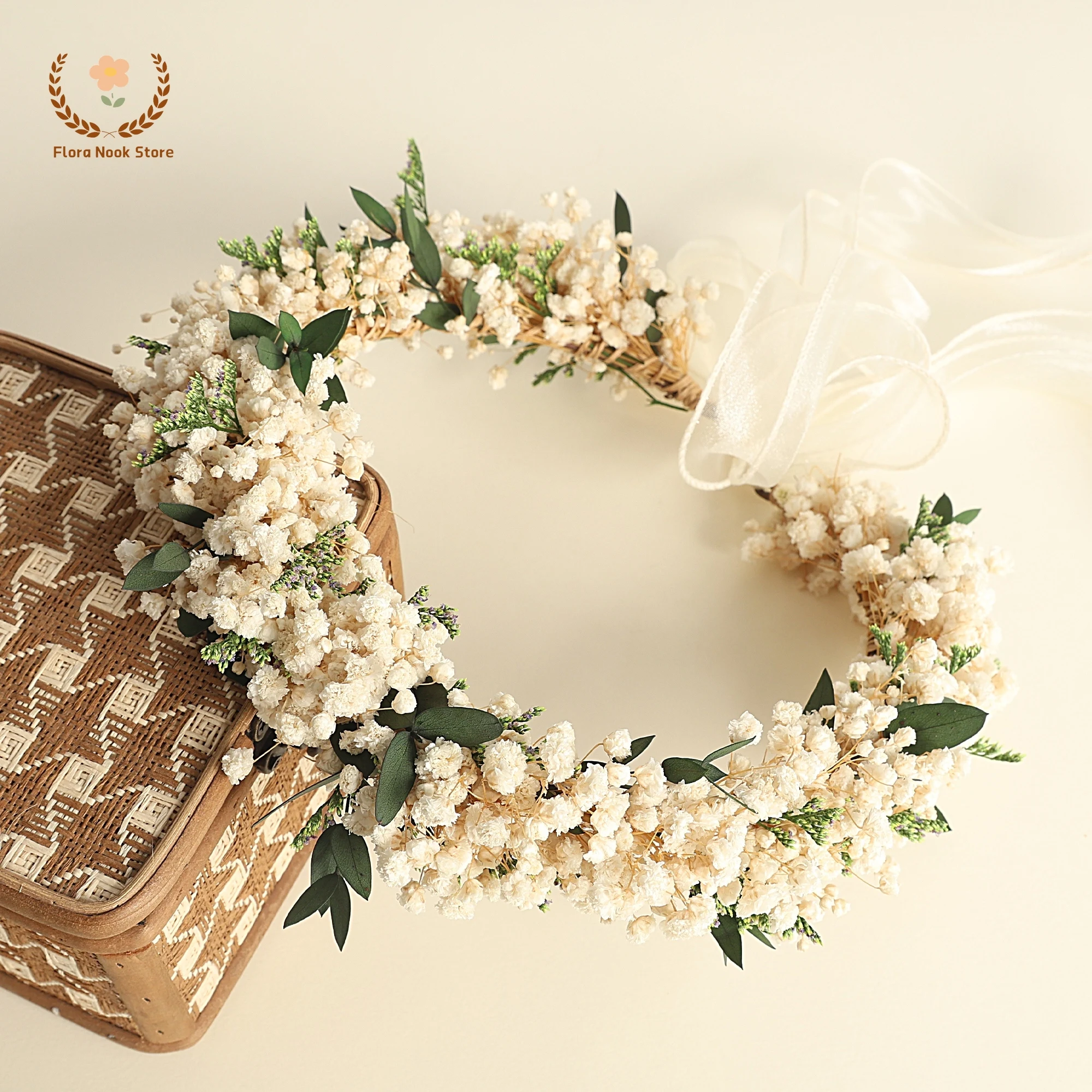 Imagen 3: Corona de aliento de bebé hecha a mano, flores secas, hojas de eucalipto, corona Gypsophila, diadema de novia, decoración de pelo de boda para niña