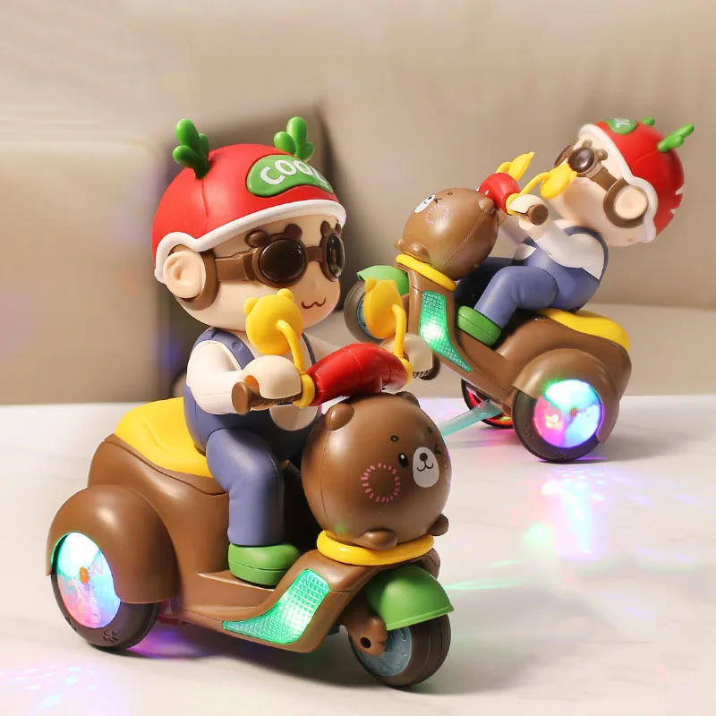 Cartoon Bear Electric Motorcycle Model Stunt 360 ° Rotating Children Toys Household Ornament Lights And Music Motorbike Toys