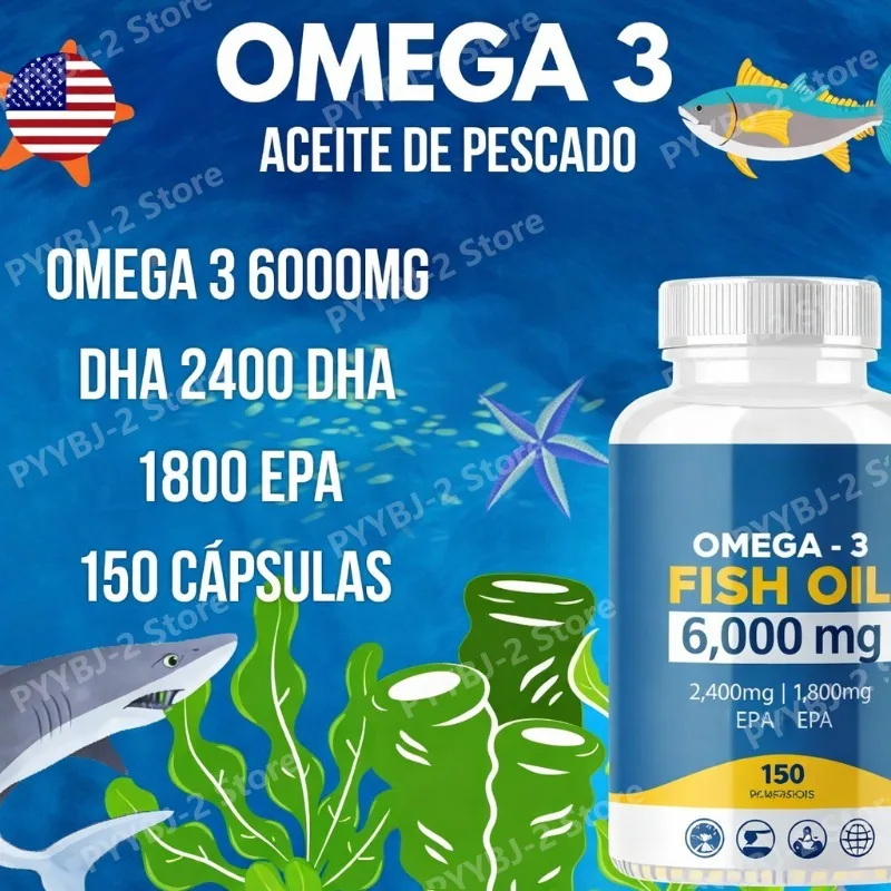 

Fish Oil Softgels with 6000mg Omega-3,2400mg DHA & 1800mg EPA Supports Brain Liver Heart Immunity Made 150 Capsules Per Bottle
