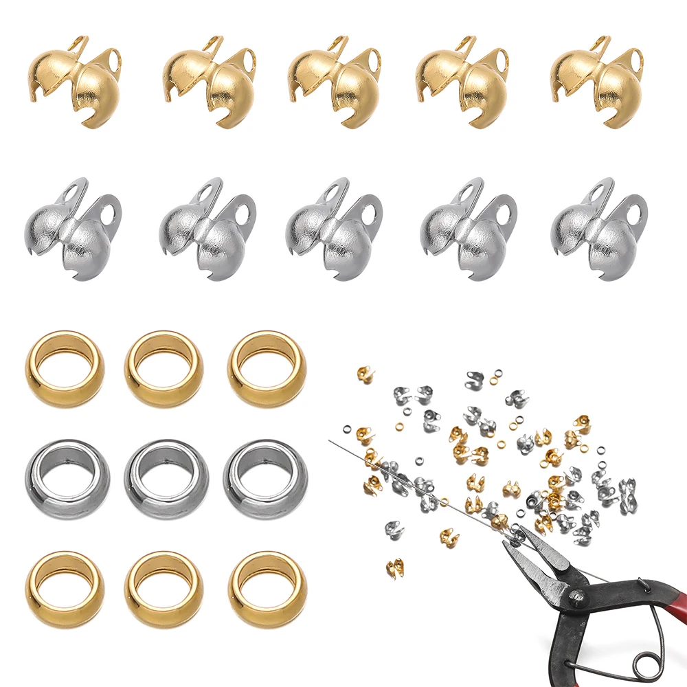 1Set Stainless Steel Crimp Bead Tips Knot Covers Clamshell Fold-Over Bead Tips With End Caps For DIY Jewelry Making Supplies