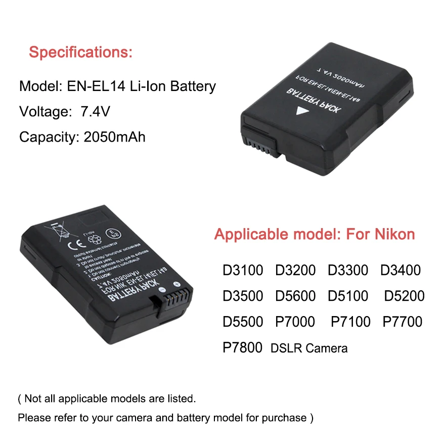 EN-EL14 Battery for Nikon D3100 D3200 D3300 D3400 D3500 D5300 D5600 D5100 D5200 P7000 P7700 P7800DSLRCamera EN-EL14A EL14battery