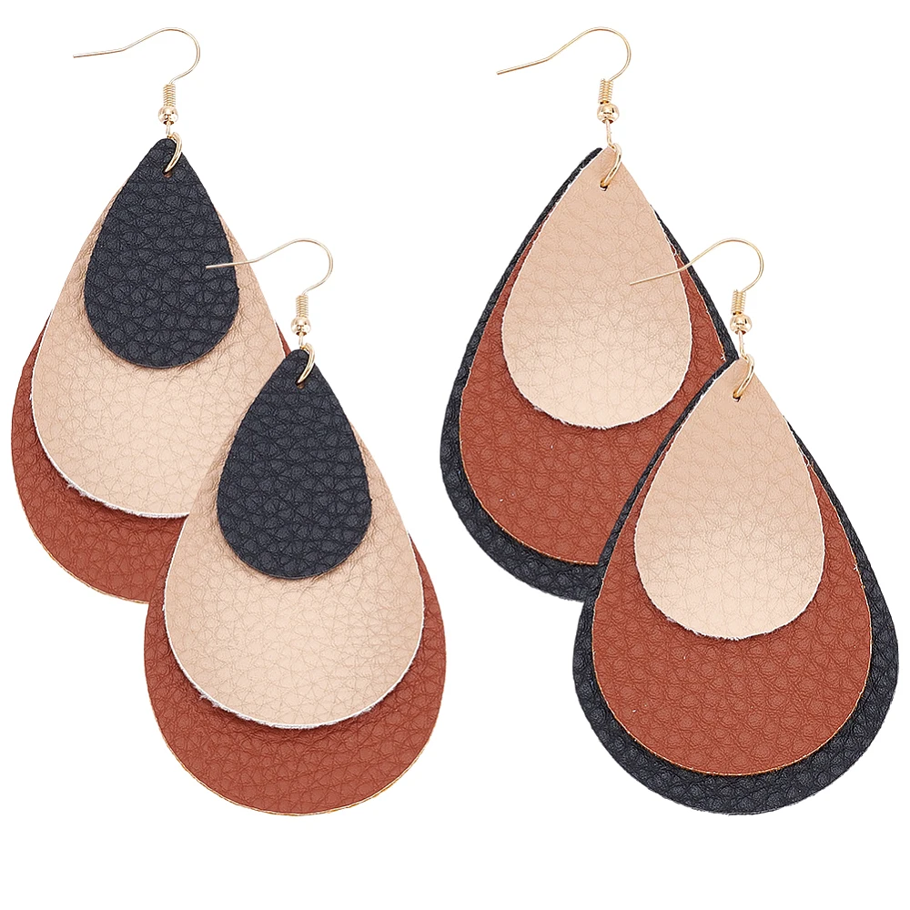 2 Pair Boho Chic Leather Layer Teardrop Earring Lightweight Waterdrop Pendant Dangle Drop Hippie Statement Charm Jewelry