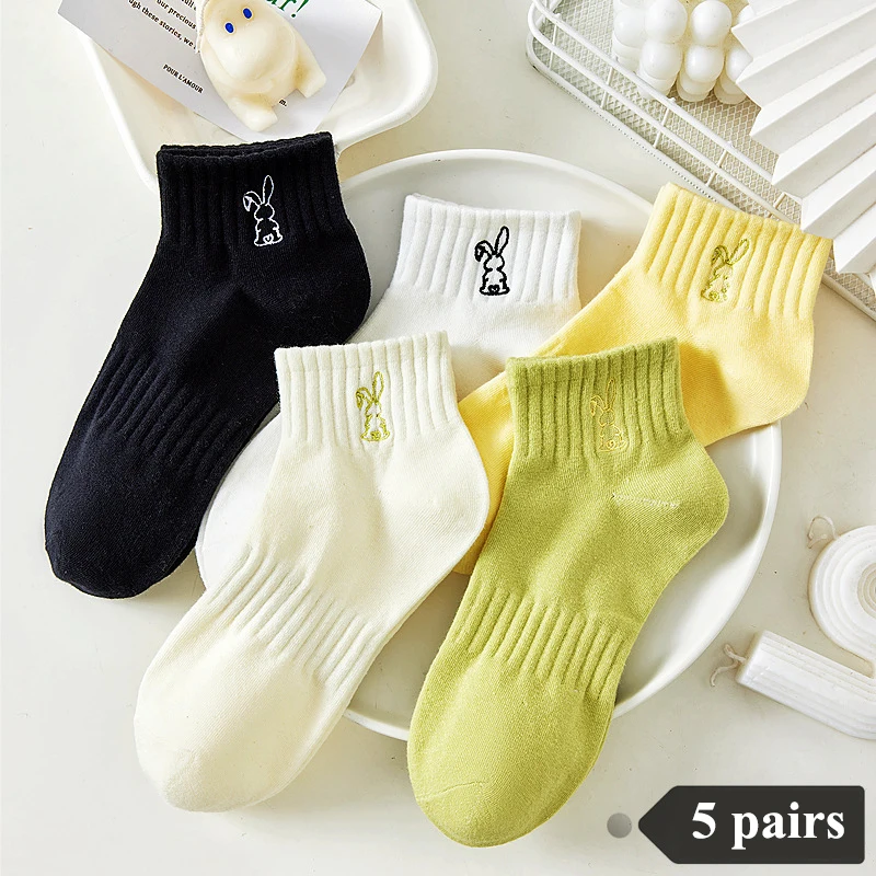 Chaussettes courtes rayées en coton pour femmes, chaussettes courtes de rinçage, chaussettes de bateau courtes, chaussettes respirantes, dessin animé, fleur, mignon, printemps, été, 5 paires