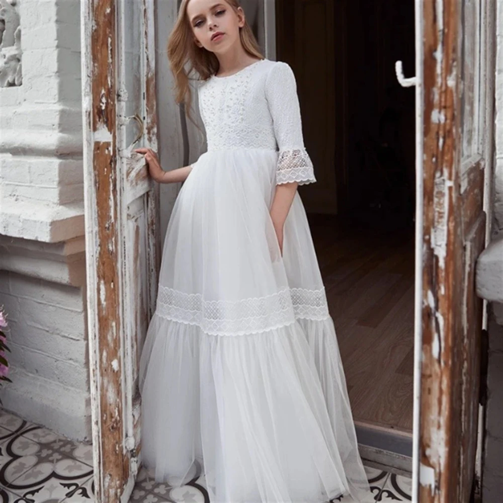 Vestido Menina Flor com Renda Branca, Cintura Alta, Tule Comprida, Frisado, Casamento, Elegante, Primeira Criança, Eucarística, Festa de Aniversário