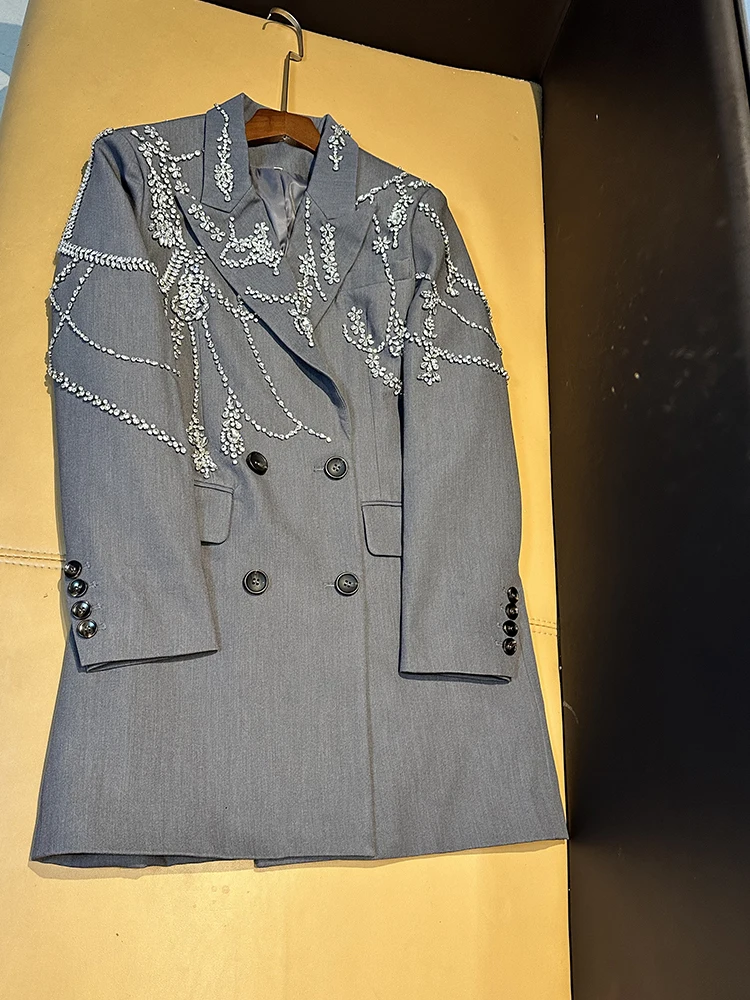 Blazer largo hecho a mano para mujer, Chaqueta de vestir con botones de doble botonadura, traje gris, ropa de diamantes