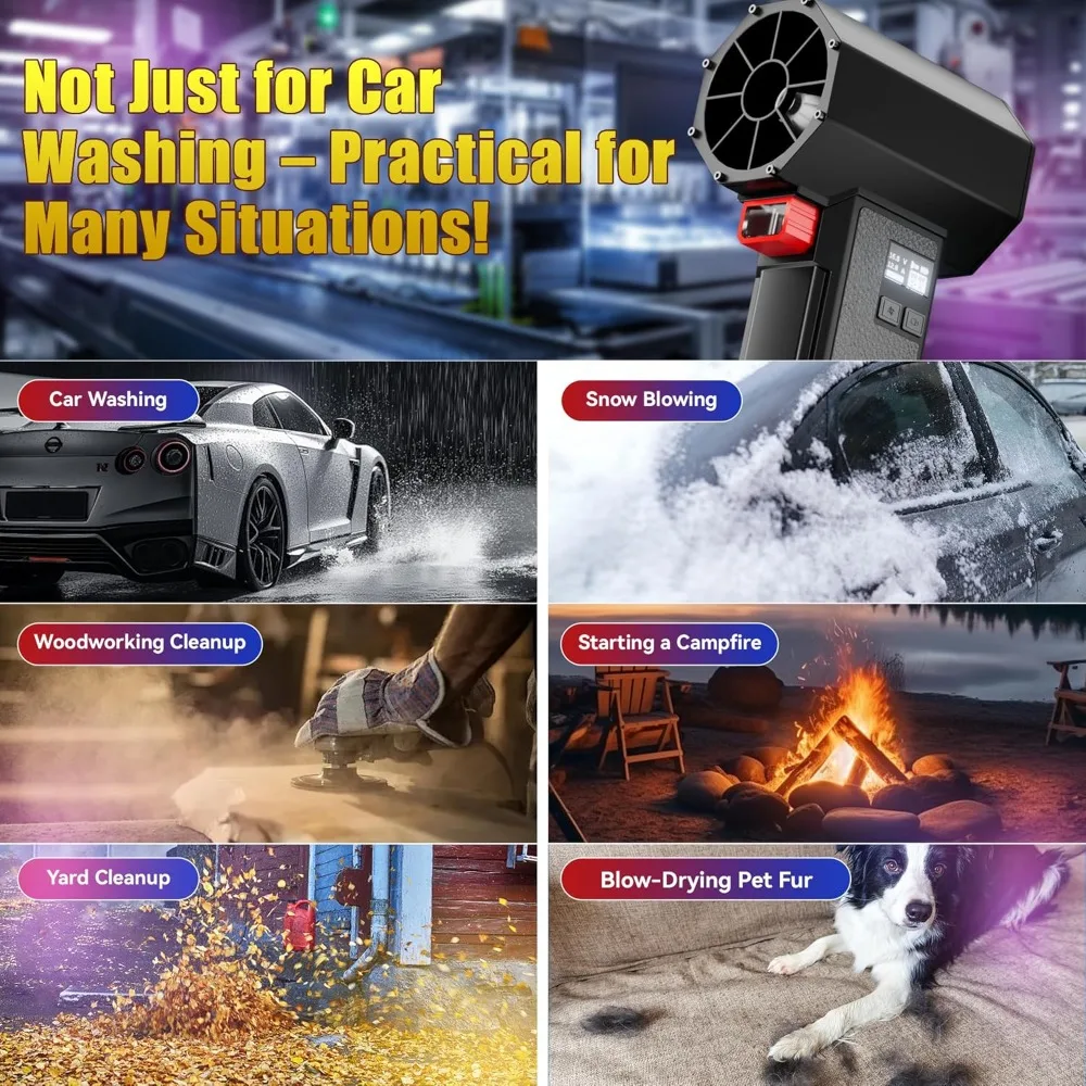 Ventilatore per asciugatrice per auto 660CFM/220MPH con condotto grande da 750 W e 64 mm, 4 velocità e modalità turbo, luce a LED