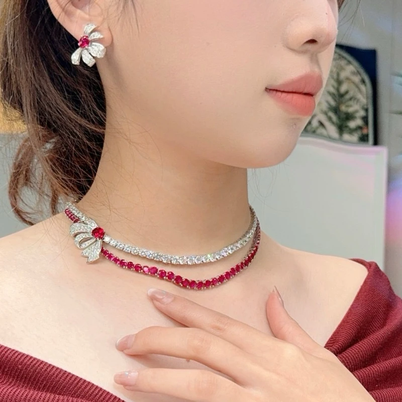 

EYER Luxury Charming AAA Zirconia Double layer Necklace Flower Earrings For Women Wedding Party Evening Dress Jewelry Sets
