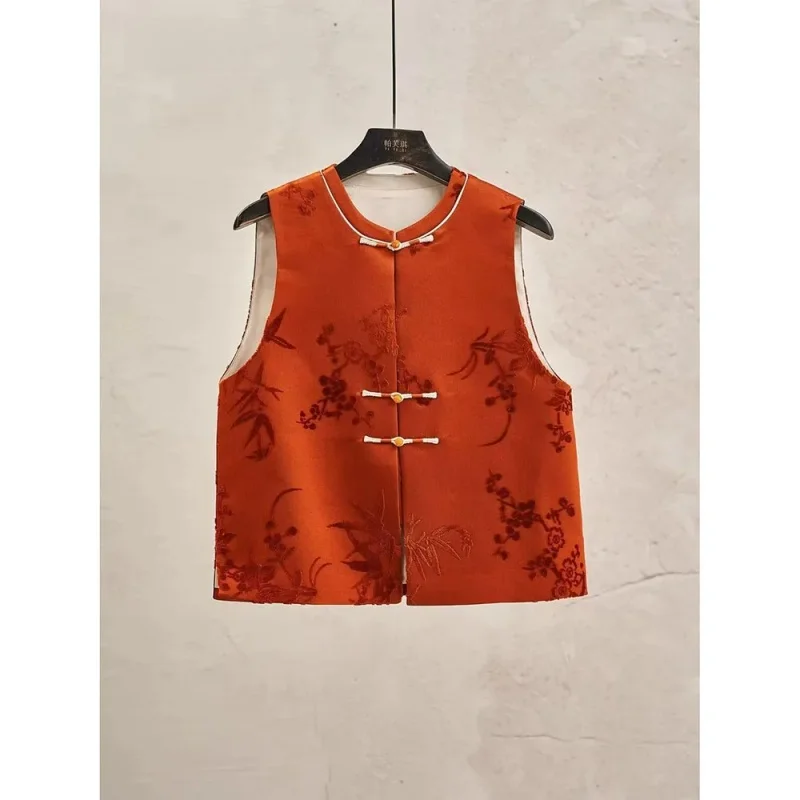 New Spring and Autumn New Year's Robe Chinese National Style Unique and Beautiful Red Velvet Mosaic Vest Top Woman Women's Vest