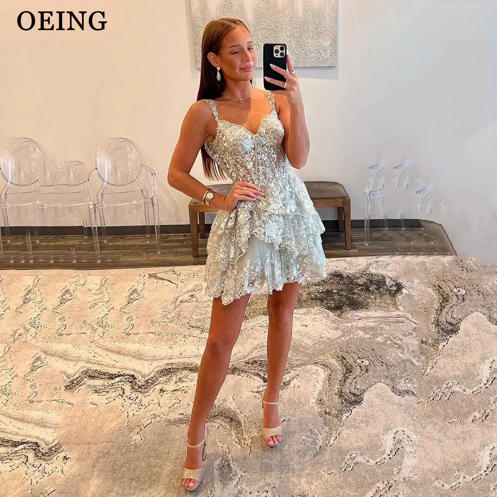 OEING Glitter Short Prom Dress Sexy Spaghetti Strap Appliques Lace Mini Party Dresses Formal Evening Gown Vestidos De Fiesta