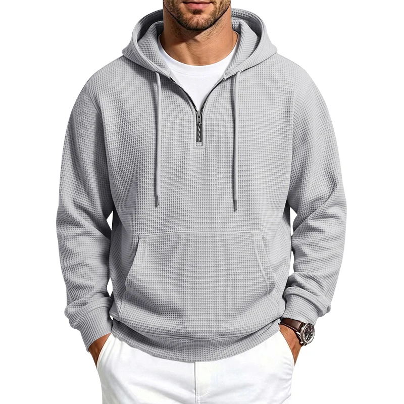 Herren Frühling und Herbst Einteiliger Waffel-Strick 1/4 Reißverschluss Lässiger Loser Kapuzenpullover, Geeignet für den Täglichen Gebrauch – Detail 13