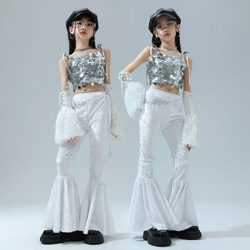 Girls Jazz Dance Performance Silver Glitter Vest Bell Bottom Pants Hip-hop Suit Street Dance Clothes Catwalk Show Costume