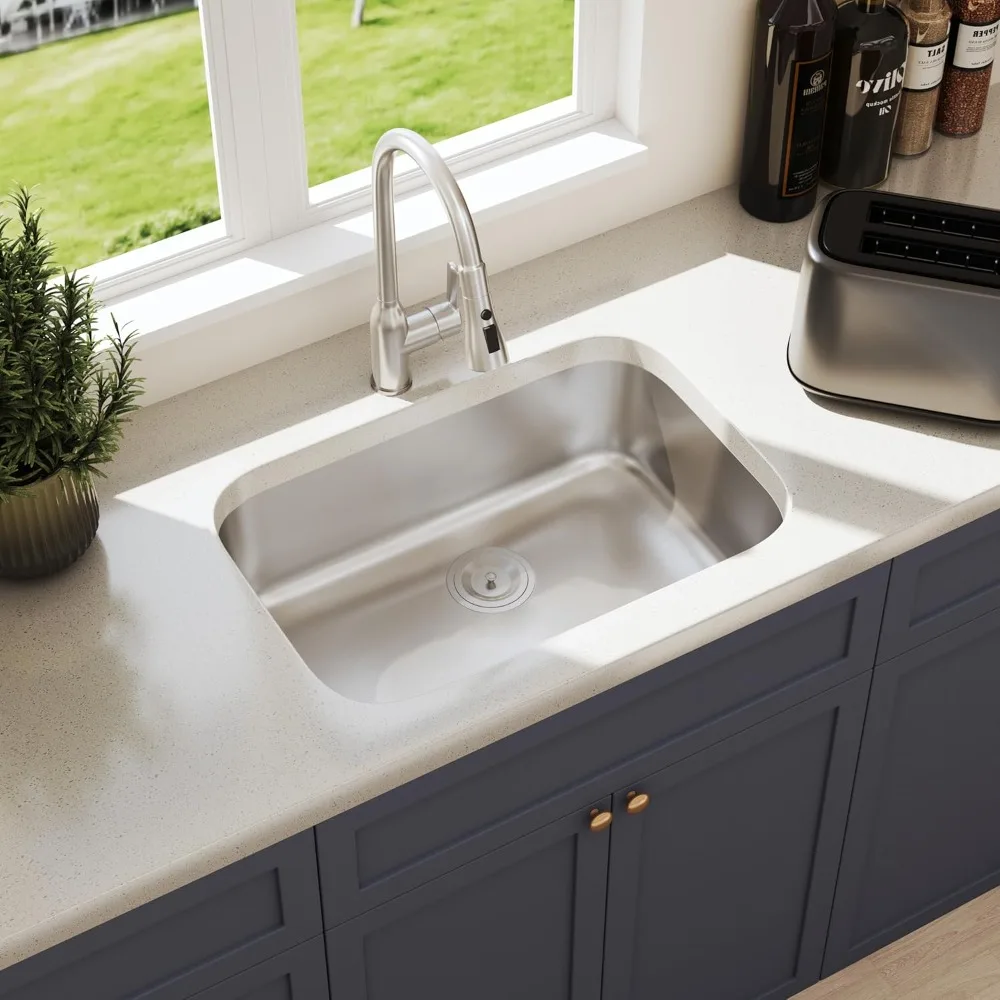 

Undermount Kitchen Sink 18 Gauge Stainless Steel Single Bowl Curved Shape Commercial Grade Satin Finish Sinks with Strain