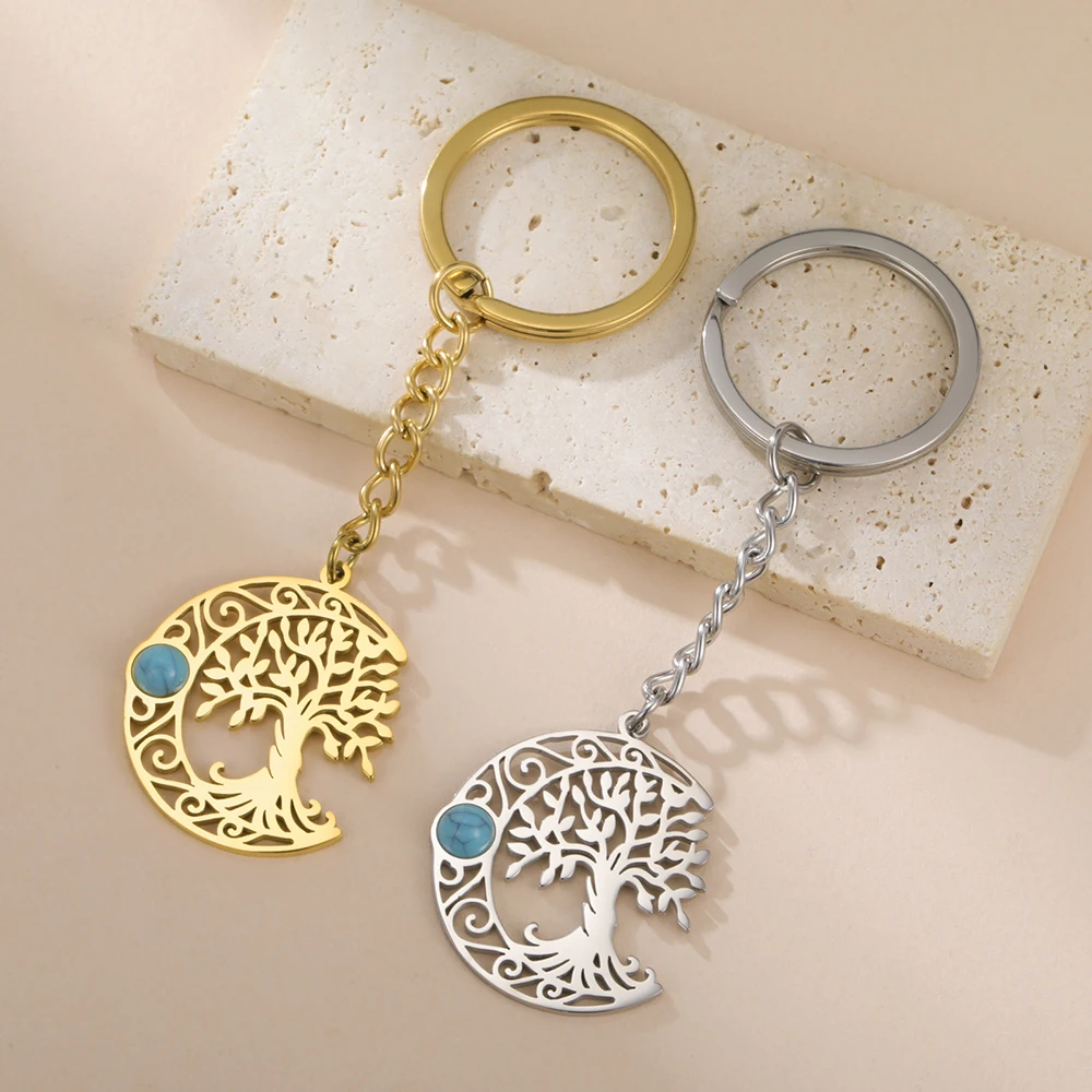 Dawapara Celtics Crescent Moon and Tree of Life Keychain Turquoise Wiccan Pendant Protection Talisman Stainless Steel Jewelry