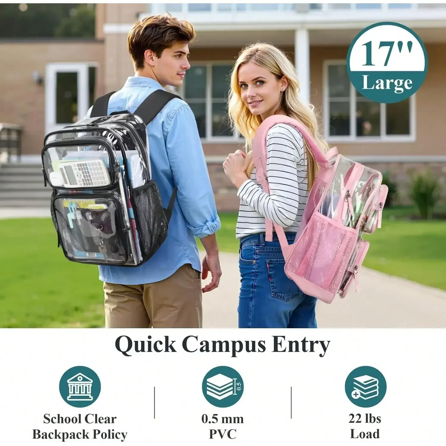 17 Inch Reinforced Clear PVC Backpack, Heavy Duty Transparent See Through Bookbag For School & Daily Use
