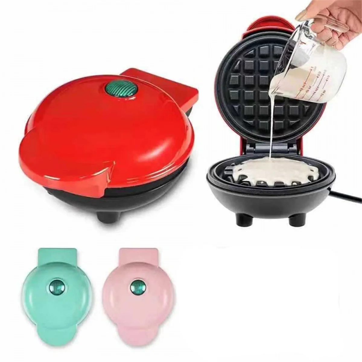 Electric Nonstick 4.5Inch Mini Waffle-Maker,Compact Design,Snacks, Sandwich, Eggs, Easy to Clean Green US Plug