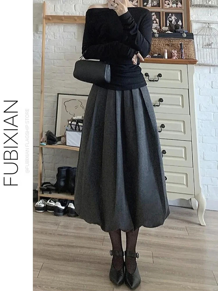 

Шерстяная юбка А-силуэта для женщин, осенне-зимняя, скрывающая бедра, стройнящая, универсальная, плиссированная, в форме цветочного бутона, расклешенная юбка-солнце