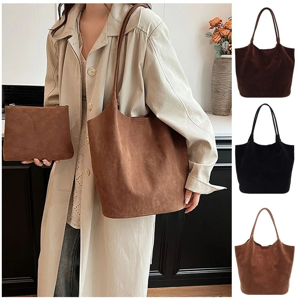 Elegant Retro Underarm Bag Faux Suede Large Capacity Satchel Bag including 1 Small Handbag Solid Color Tote Purse for Women image 2