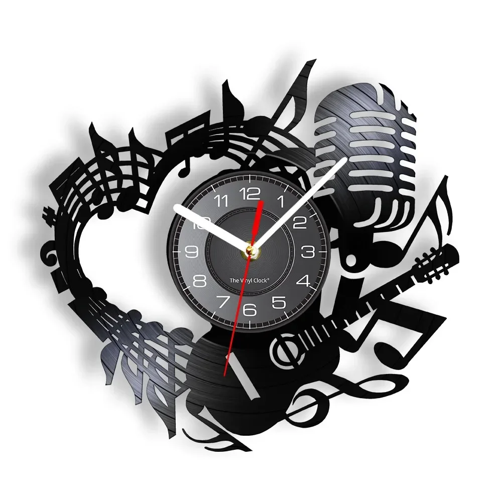 In Love WIth Music Laser Cut Longplay Wall Clock Heart Shaped Melody Microphone Guitar Vinyl Record Art Decor Gift for Musicians