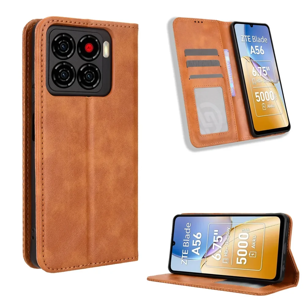 

For ZTE Blade A56 4G Flip Leather Retro Magnetic Bracket Card Bag Wallet Phone Case ZTE Blade A56 4G Shell Funda Capa
