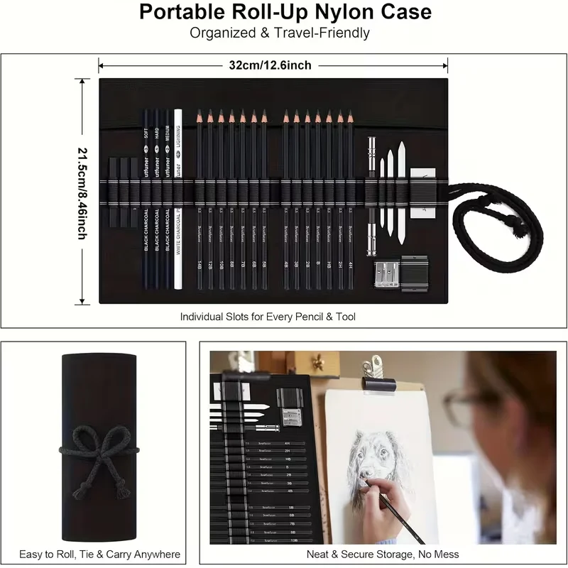 Brutfuner 18/29 Pro Professional Artist Sketching & Drawing Pencil Set with Charcoal, Erasers, Sharpener & Stumps