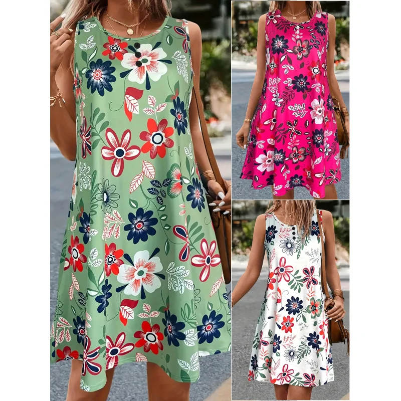 

2024New Women's Summer Floral Print round Neck Vest Mid-Length Sleeveless Dress