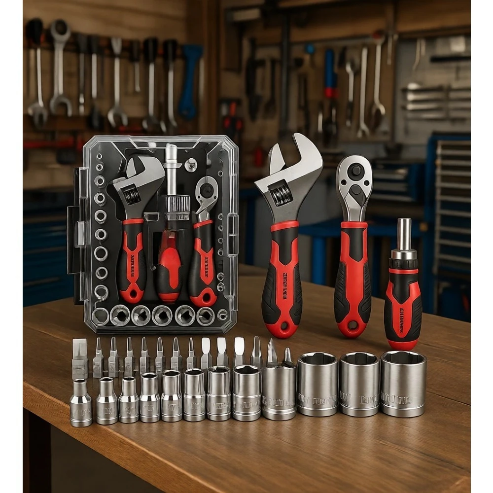 

53 Piece Socket Set with Ratcheting Screwdriver and Adjustable Wrench for Garage Auto Repair Home and Dorm