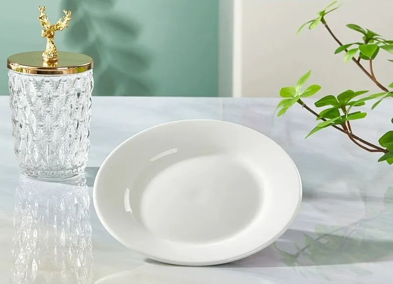6 inch, plain white bone china sushi tray, porcelain dinner plates, a pottery cake dish, crystal clear dessert dishes, ceramic